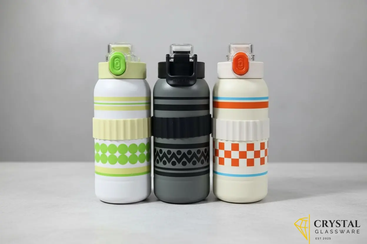 Bingo vacuum-insulated thermal water bottle featuring a patterned silicone grip sleeve and a flip-top lid